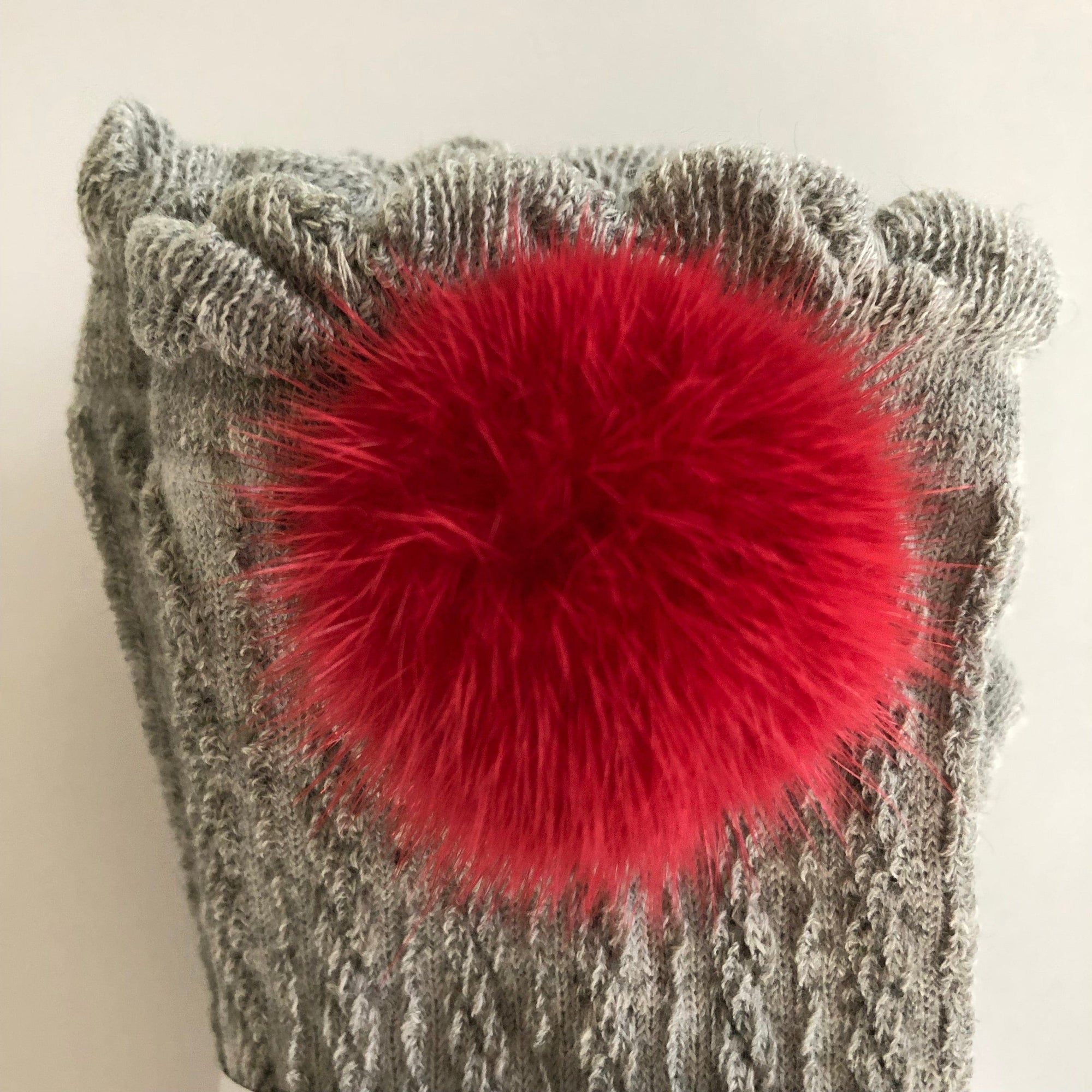 Knee High Socks with Poms Pom | Grey & Red