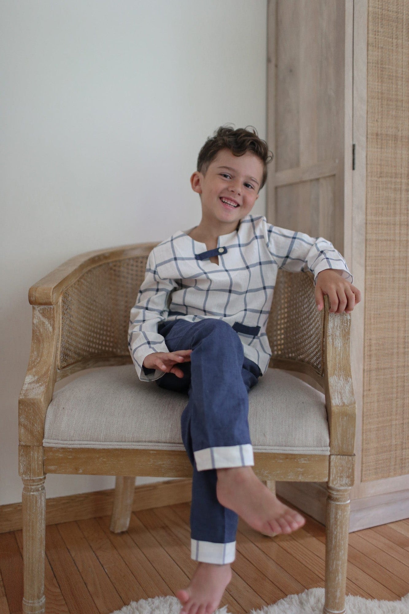 Baby Boys | Checkered Linen Top and Pants Set | White x Blue