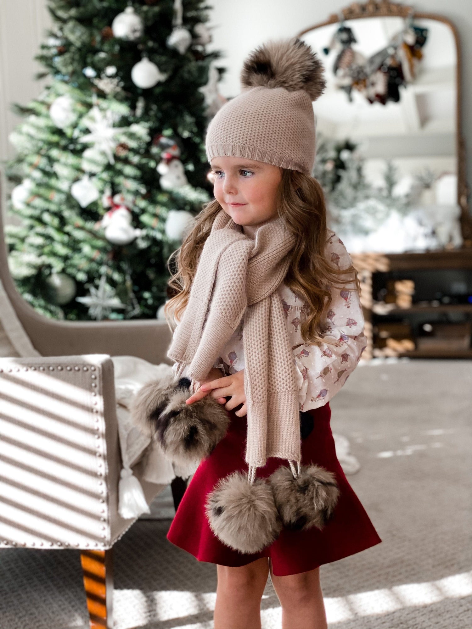 Baby Unisex | Honeycomb Cashmere Beanie with Animal Print Poms | Beige