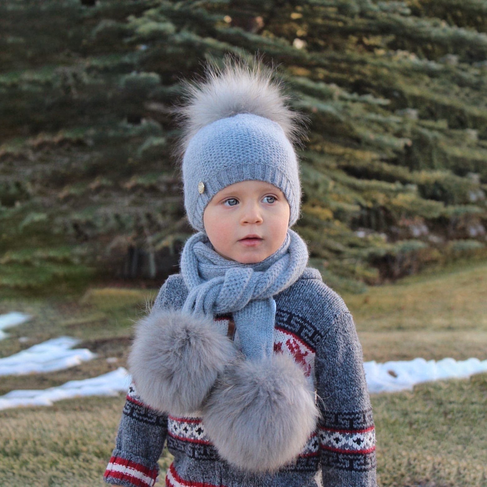 Unisex | Honeycomb Grey Cashmere Pom Scarf Grey Pom | Gray
