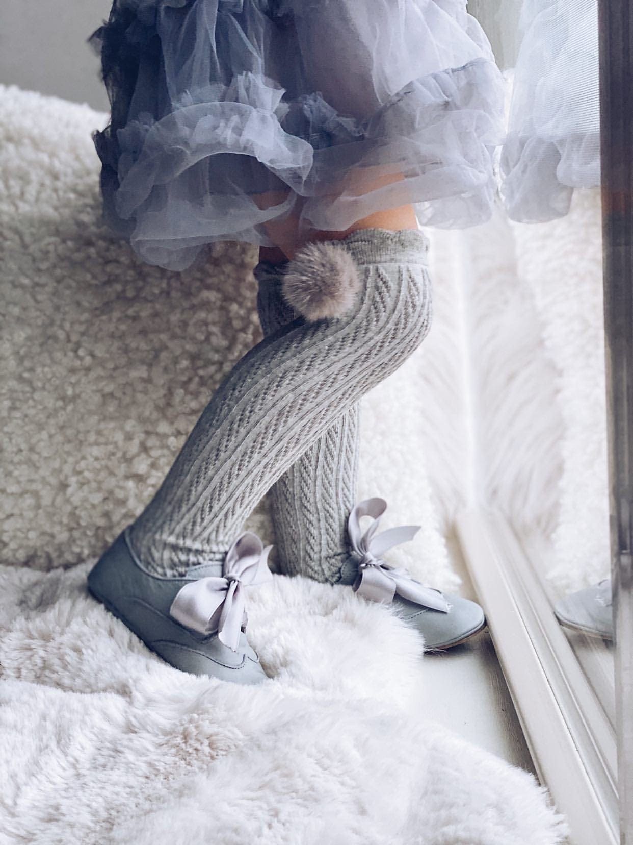 Knee High Socks with Poms Pom | Grey