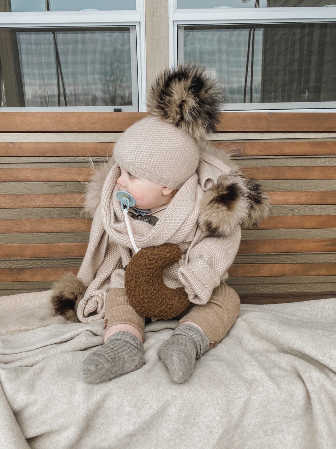 Baby Unisex | Honeycomb Cashmere Beanie with Animal Print Poms | Beige