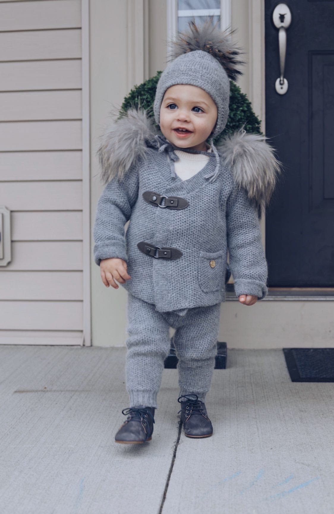 Baby Unisex | Honeycomb Cashmere Pram Coat with Trim | Grey