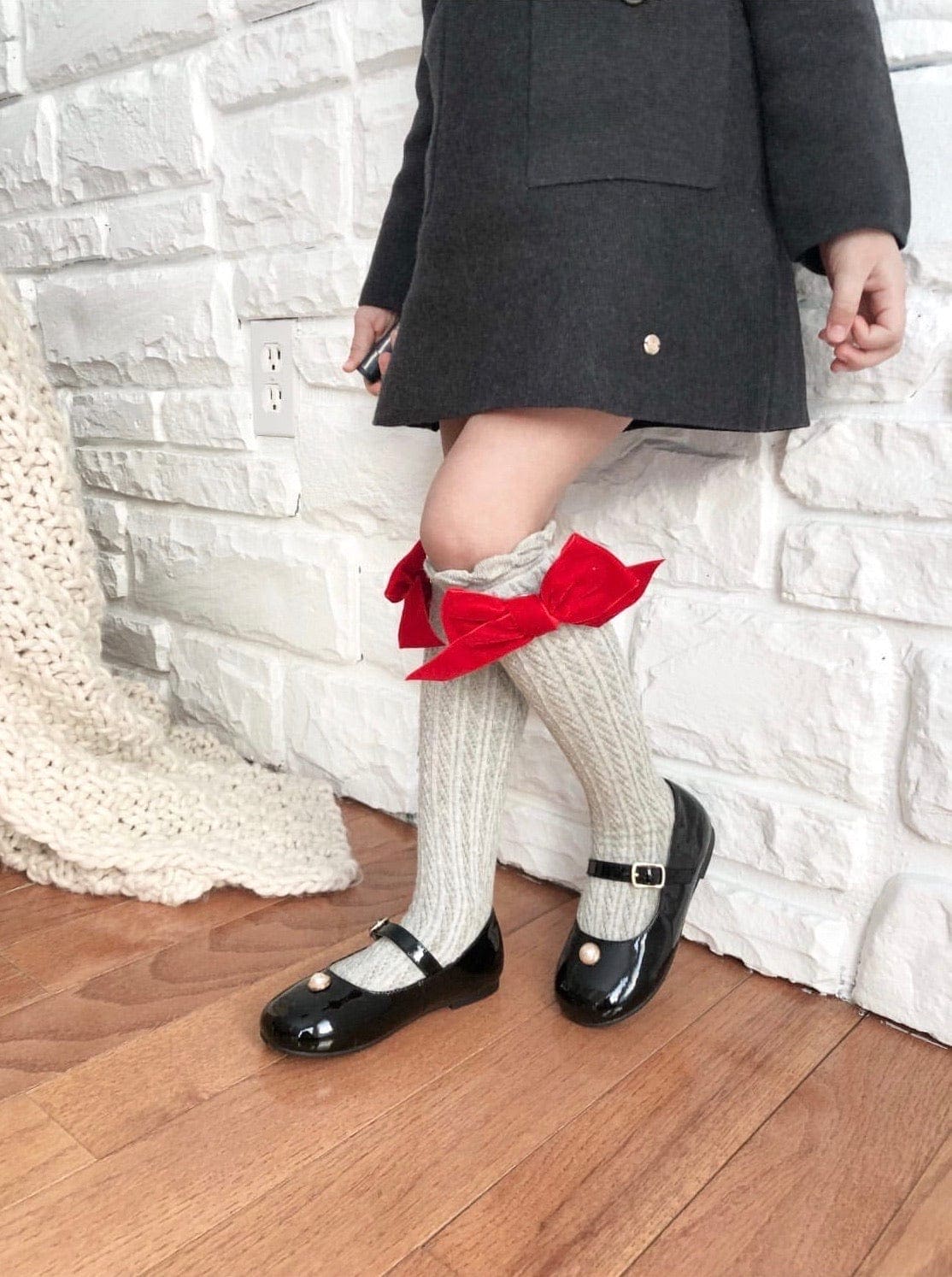 Grey Knee High Socks with Red Velvet Bow | Red