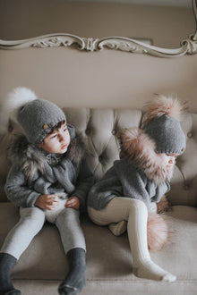 Baby Unisex | Honeycomb Cashmere Beanie Hats Print Pom | Grey & White