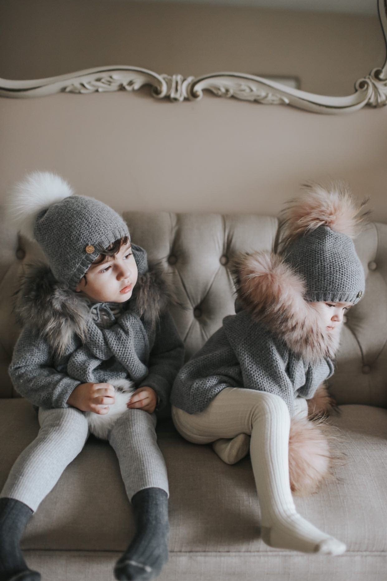 Baby Unisex | Honeycomb Cashmere Beanie Hats Print Pom | Grey & White