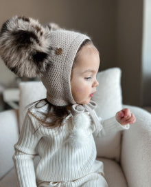 Honeycomb Beige Cashmere Bonnet with Animal Print Poms | Beige