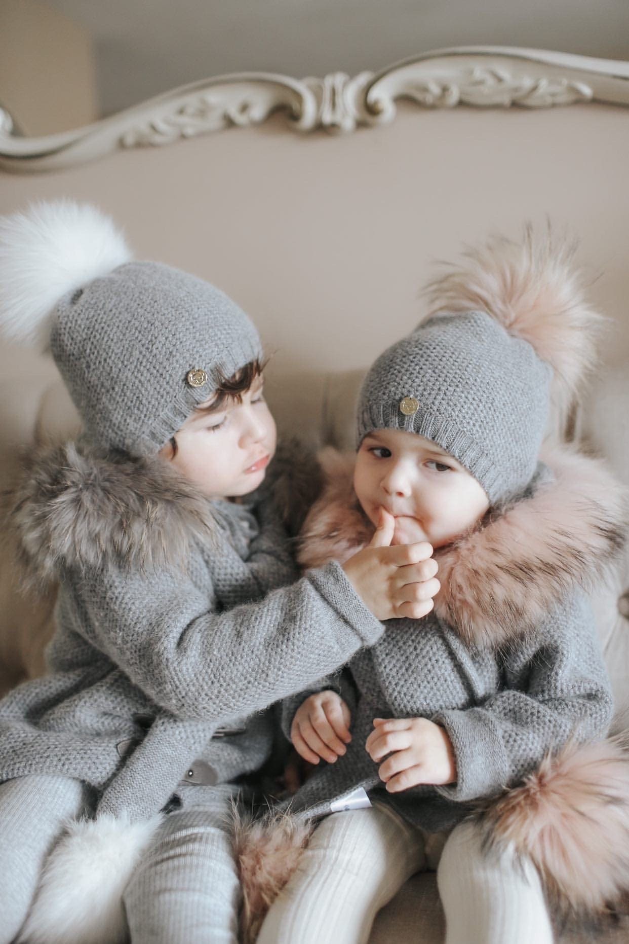 Baby Unisex | Honeycomb Cashmere Beanie Hats Print Pom | Grey & White