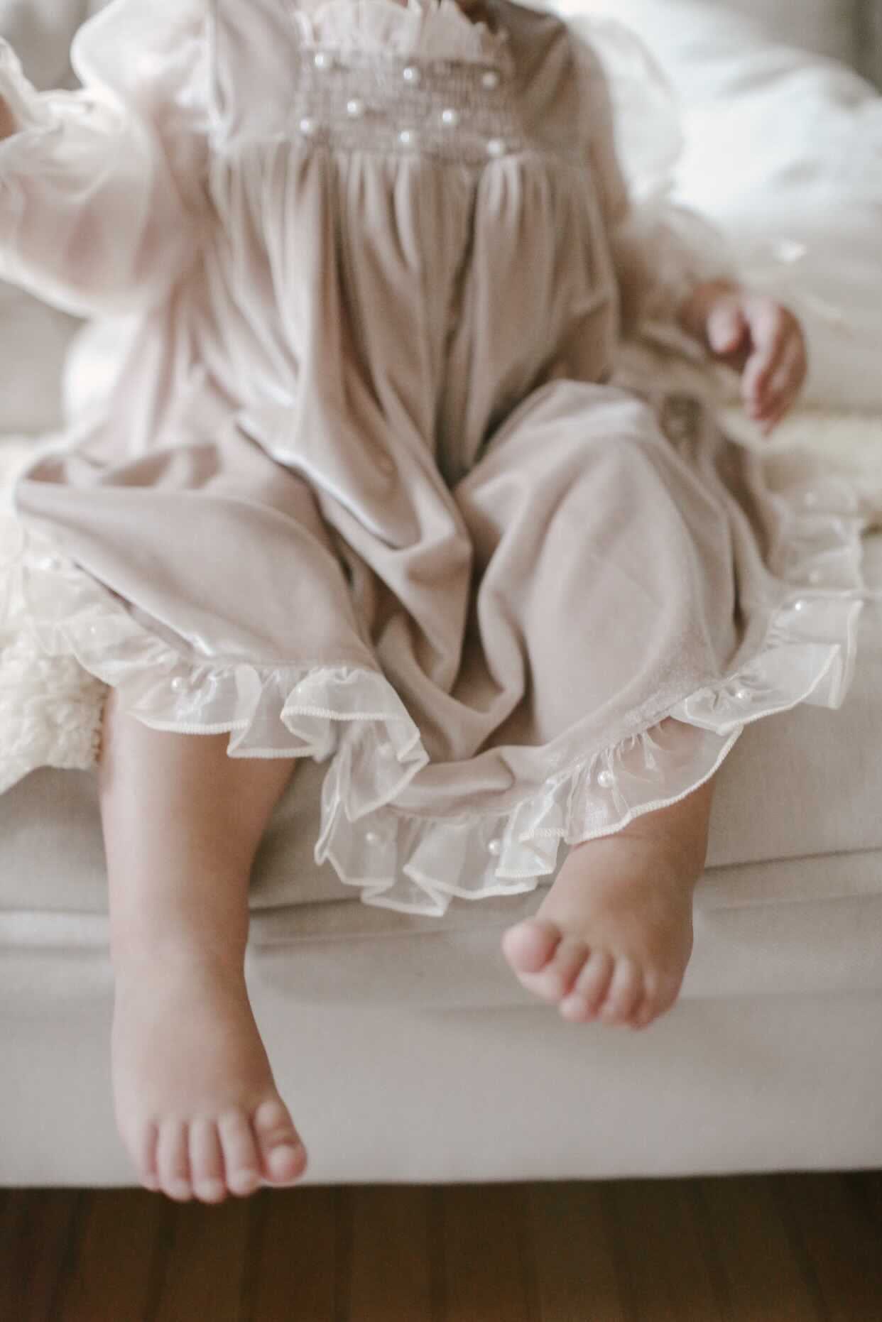 Baby Girls | Helena Velour Dress With Organza Sleeves | Beige