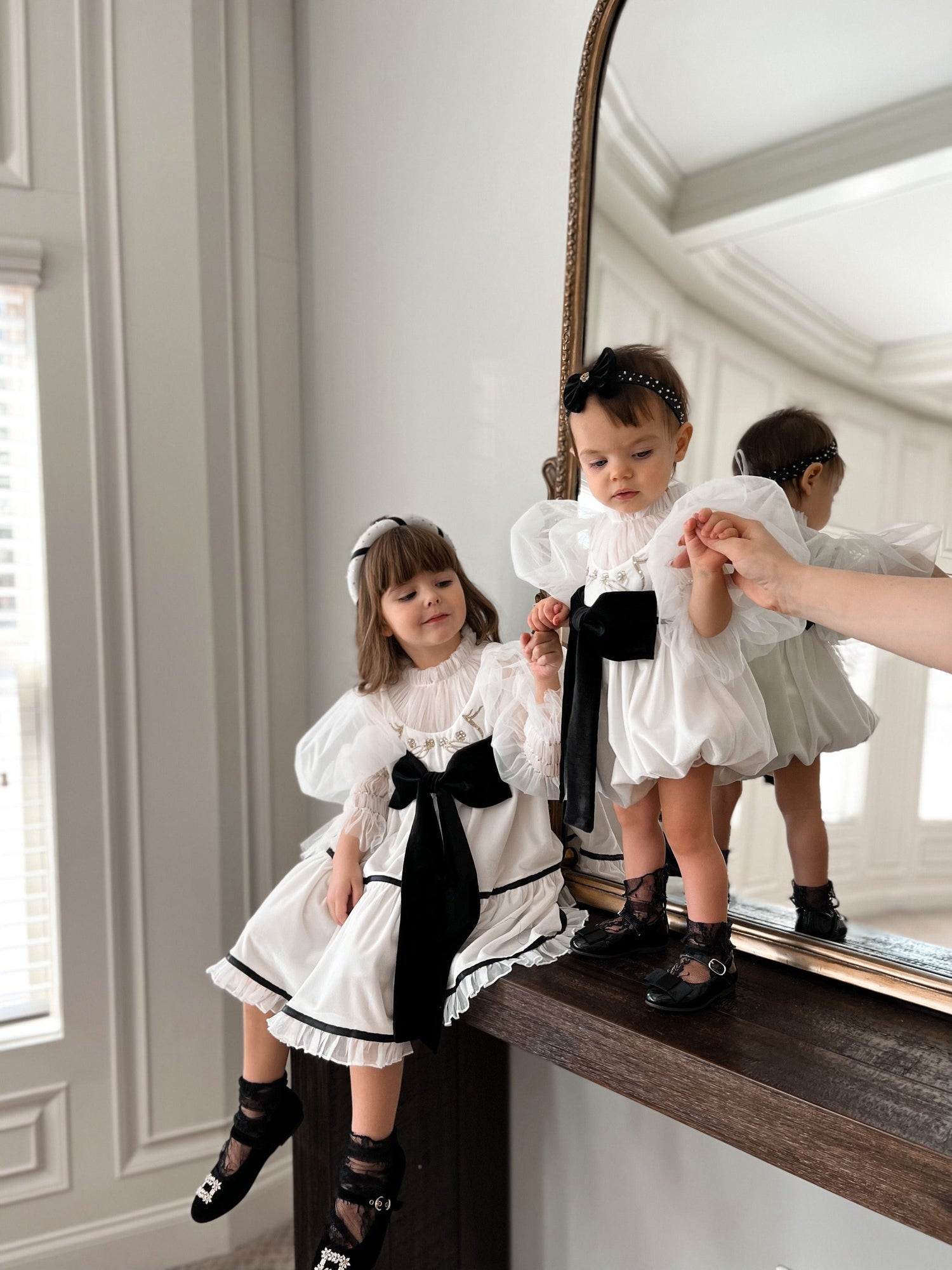 Baby Girls | Aurora Velour Dress with Tulle Puff Sleeves | Ivory