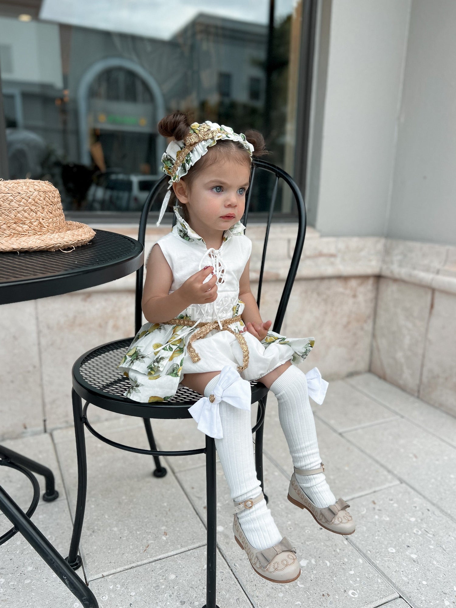 Girl | Amalfi Lemon Print Linen Romper | White x Green x Yellow