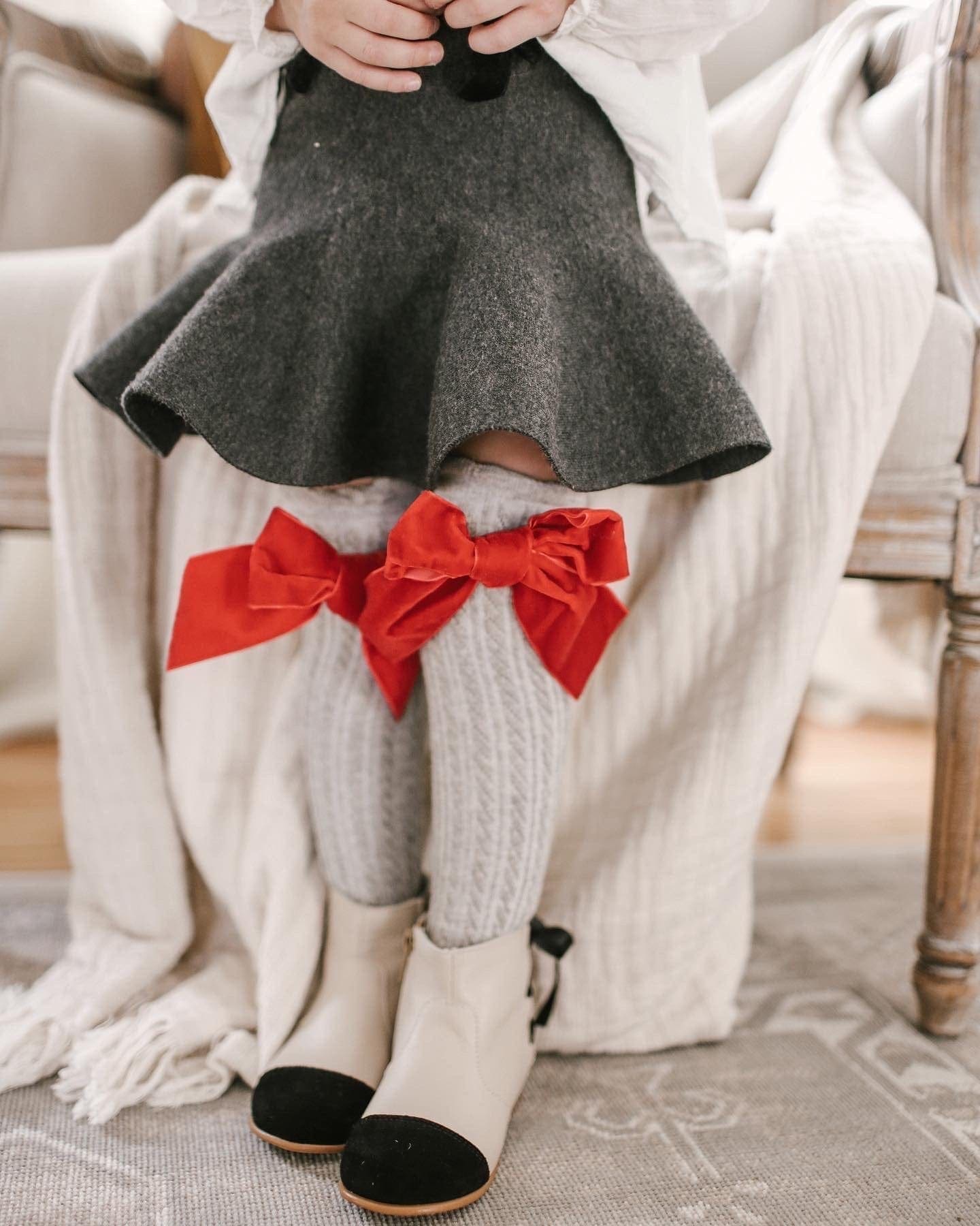 Knee High Socks with Velvet Bows | Grey & Red