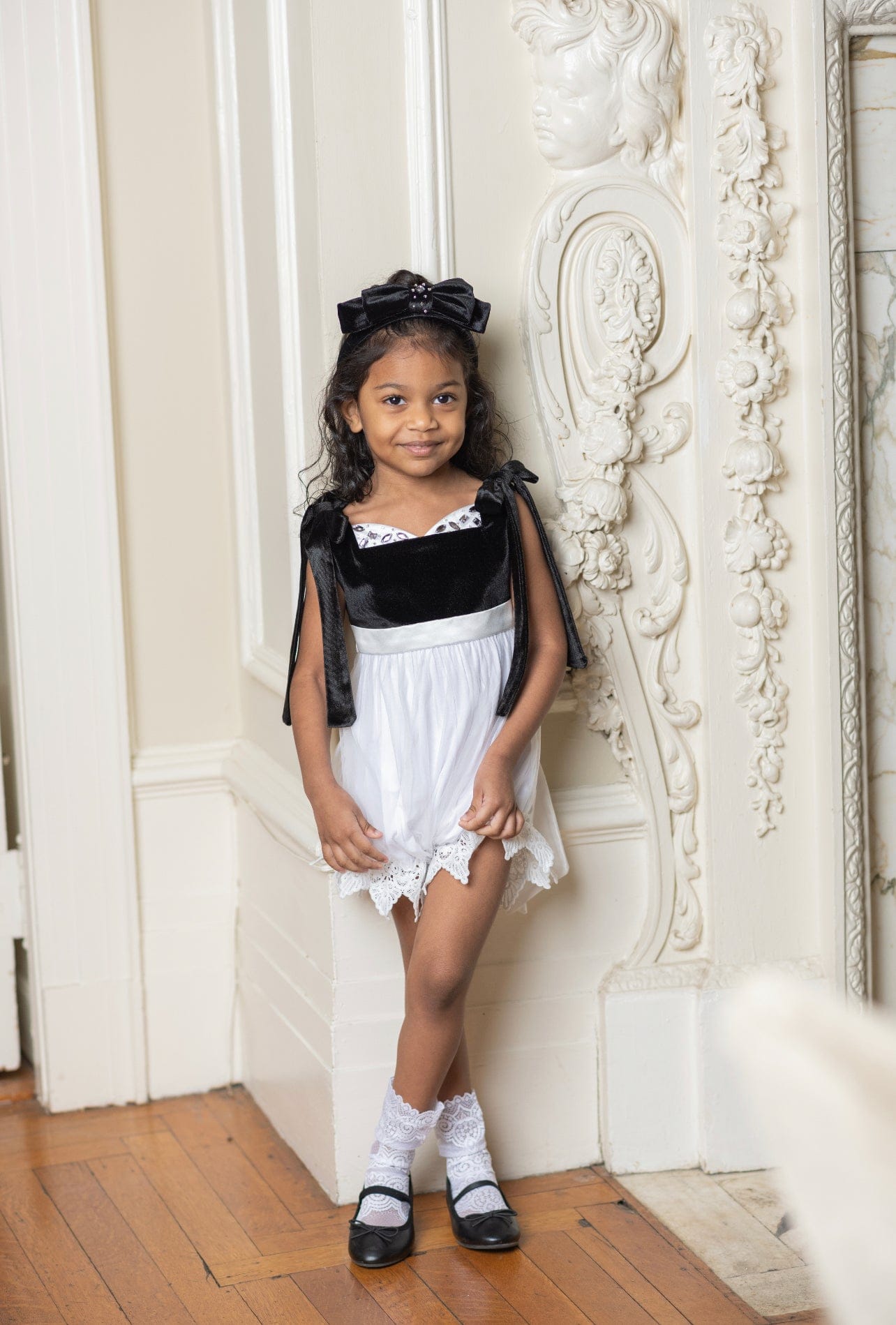 Audrey Black Velour Top and White Tulle Romper | Black