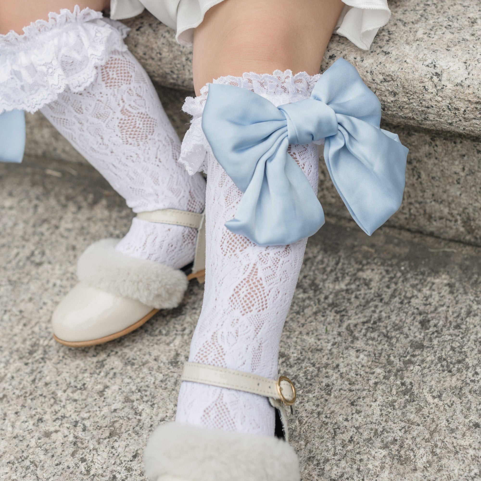 Girl | Lola Lace Socks with Satin Bow | White x Blue