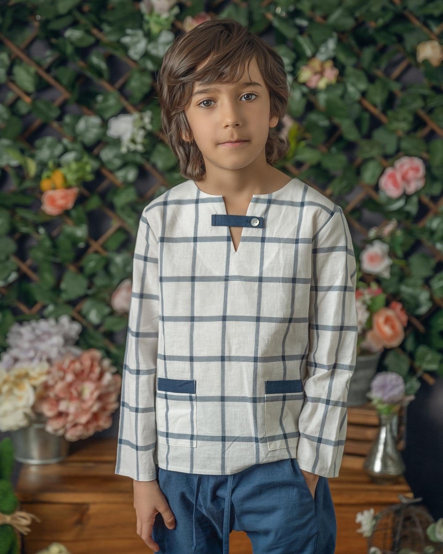 Baby Boys | Checkered Linen Top and Pants Set | White x Blue