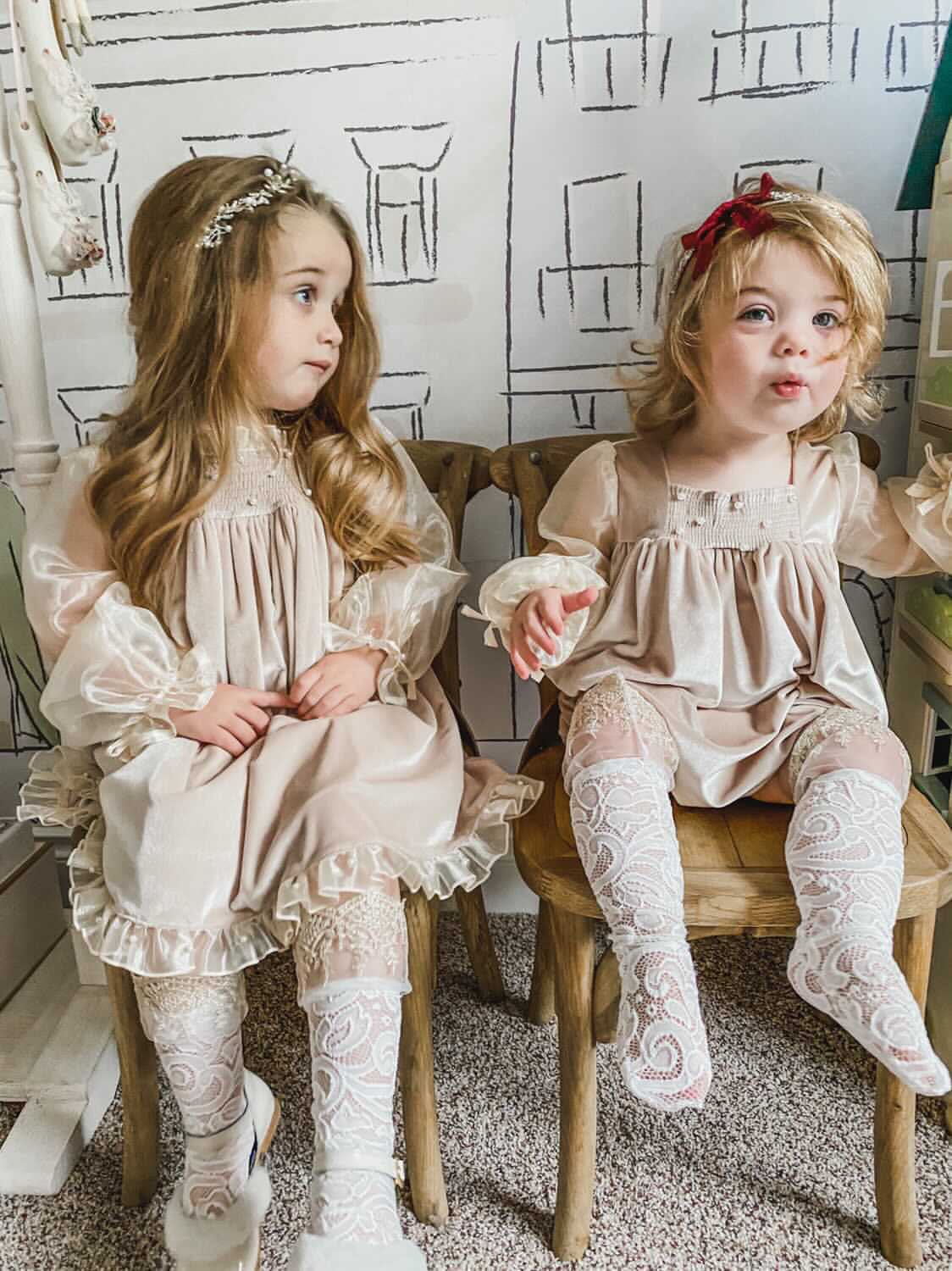 Baby Girls | Helena Velour Dress With Organza Sleeves | Beige