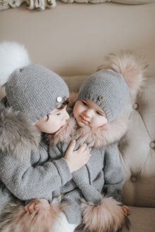 Baby Unisex | Honeycomb Cashmere Beanie Hats Print Pom | Grey & White