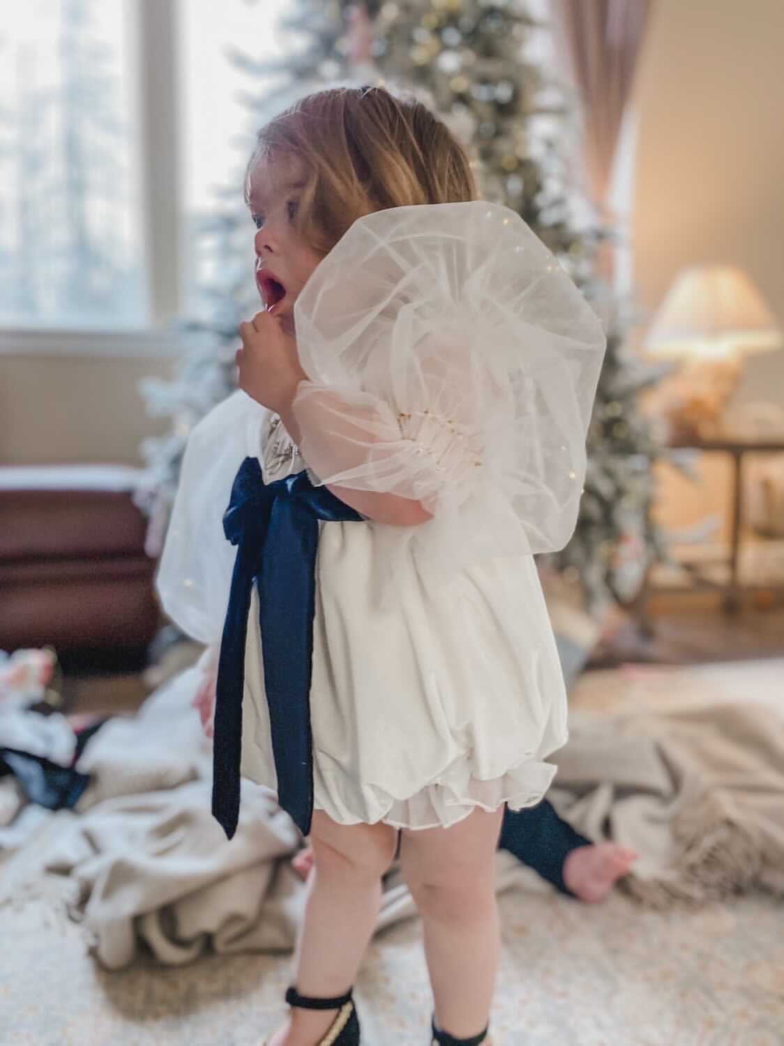 Aurora Ivory Velour Romper with Tulle Puff Sleeves | Ivory