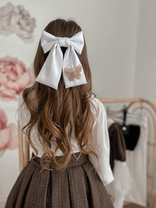 Anise Satin Embroidered Hair Bows | White