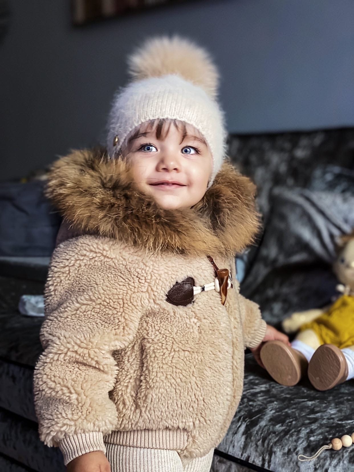 Shearling Camel Bomber Coat Faux Fur - Petite Maison Kids