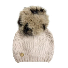 Honeycomb Beige Cashmere Beanie with Animal Print Poms | Beige