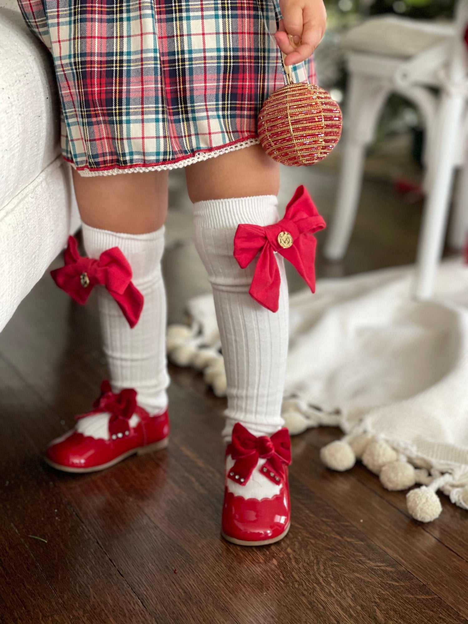 Girl | Emma Linen Bow Socks Bow | White x Red