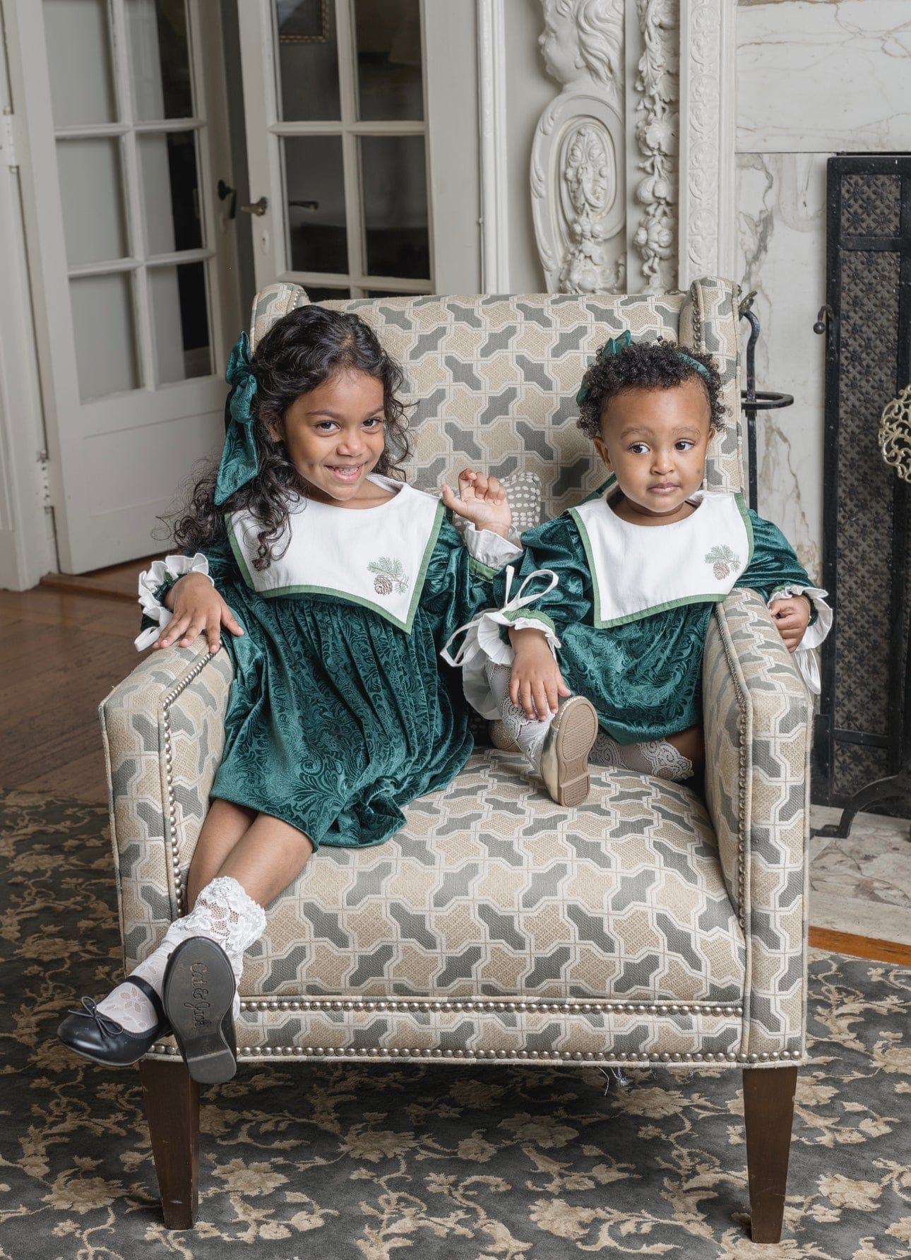 Baby Girls | Everly Damask Velour Dress | Green