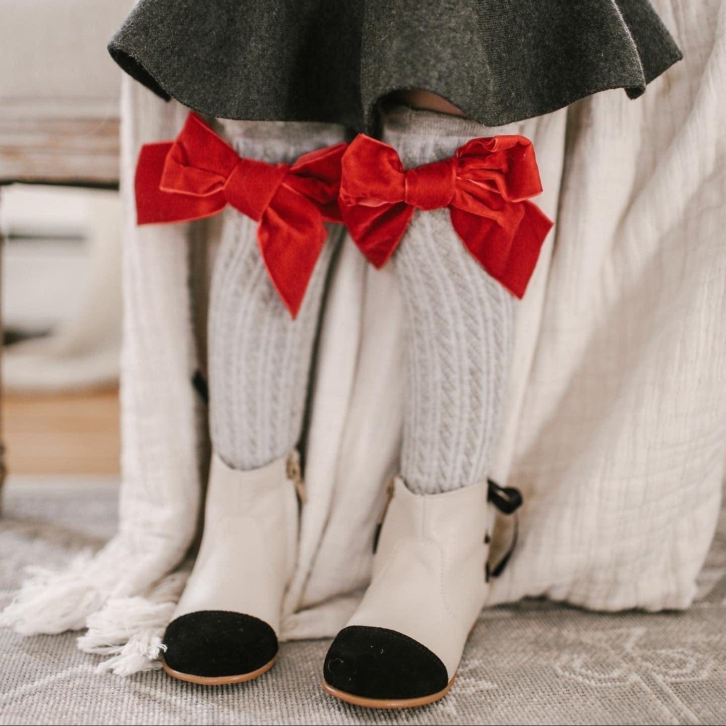 Knee High Socks with Velvet Bows | Grey & Red