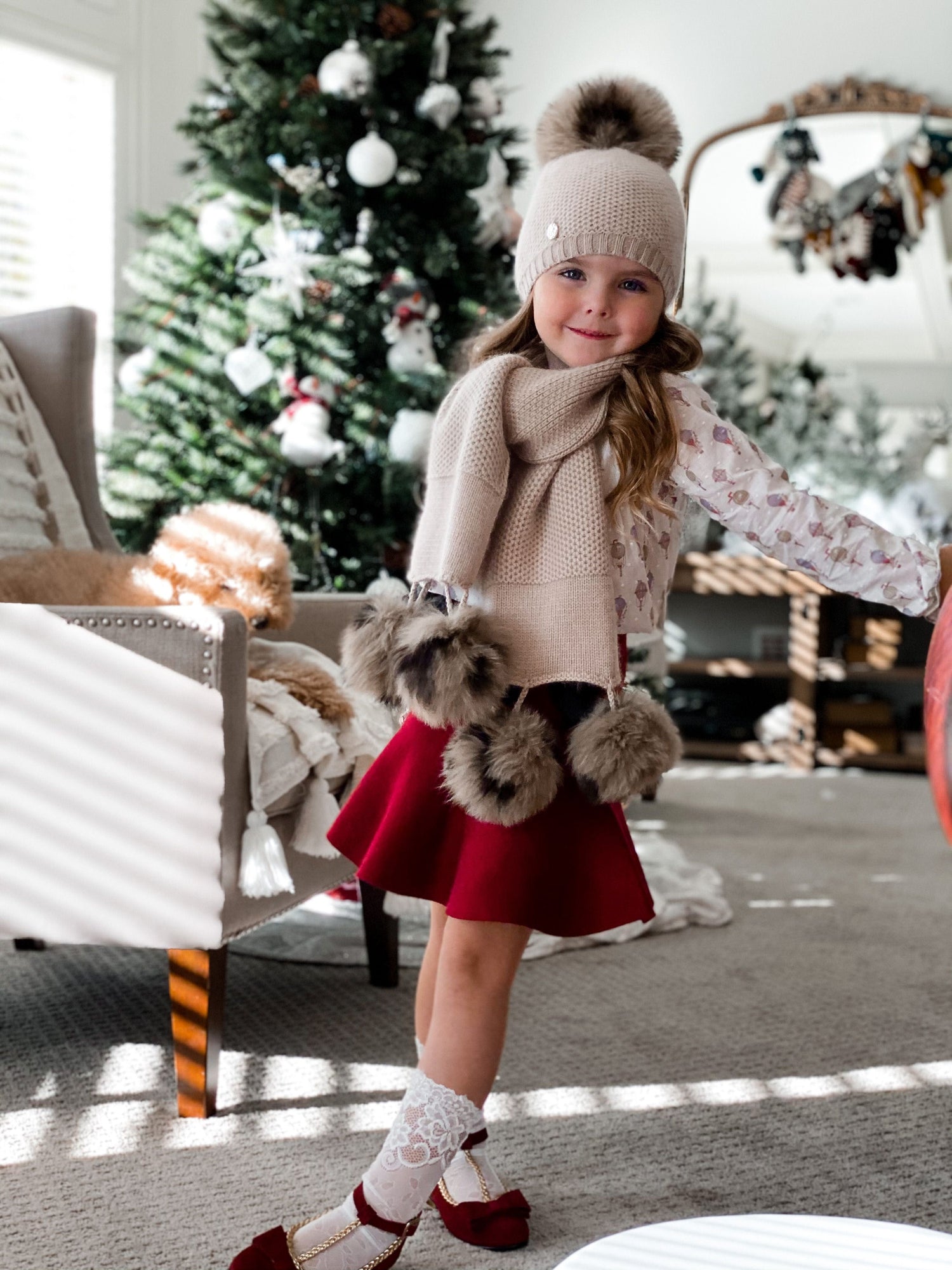 Baby Unisex | Honeycomb Cashmere Beanie with Animal Print Poms | Beige