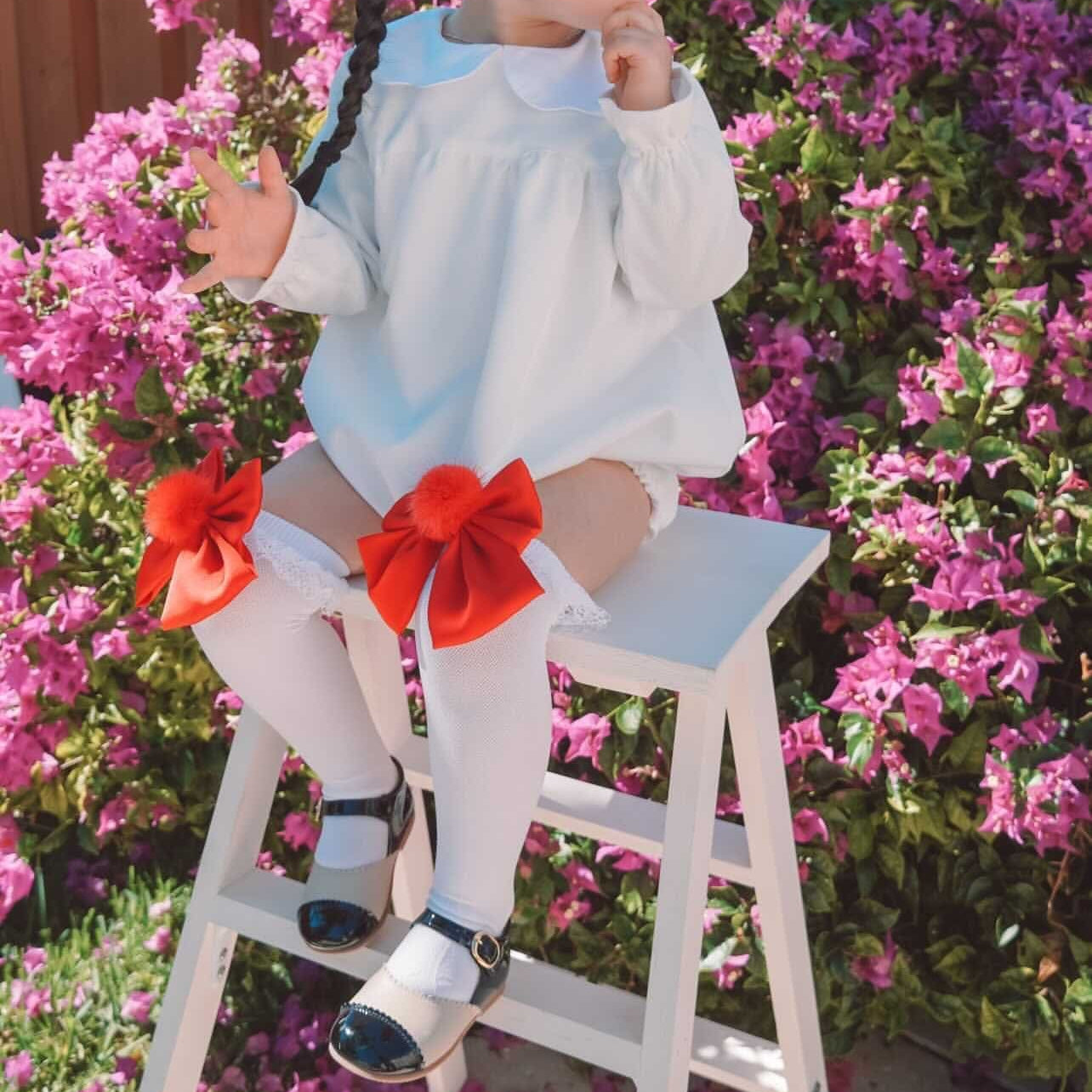 Girl | Lana Ruffle Socks with Poms and Bows Bow | White x Red