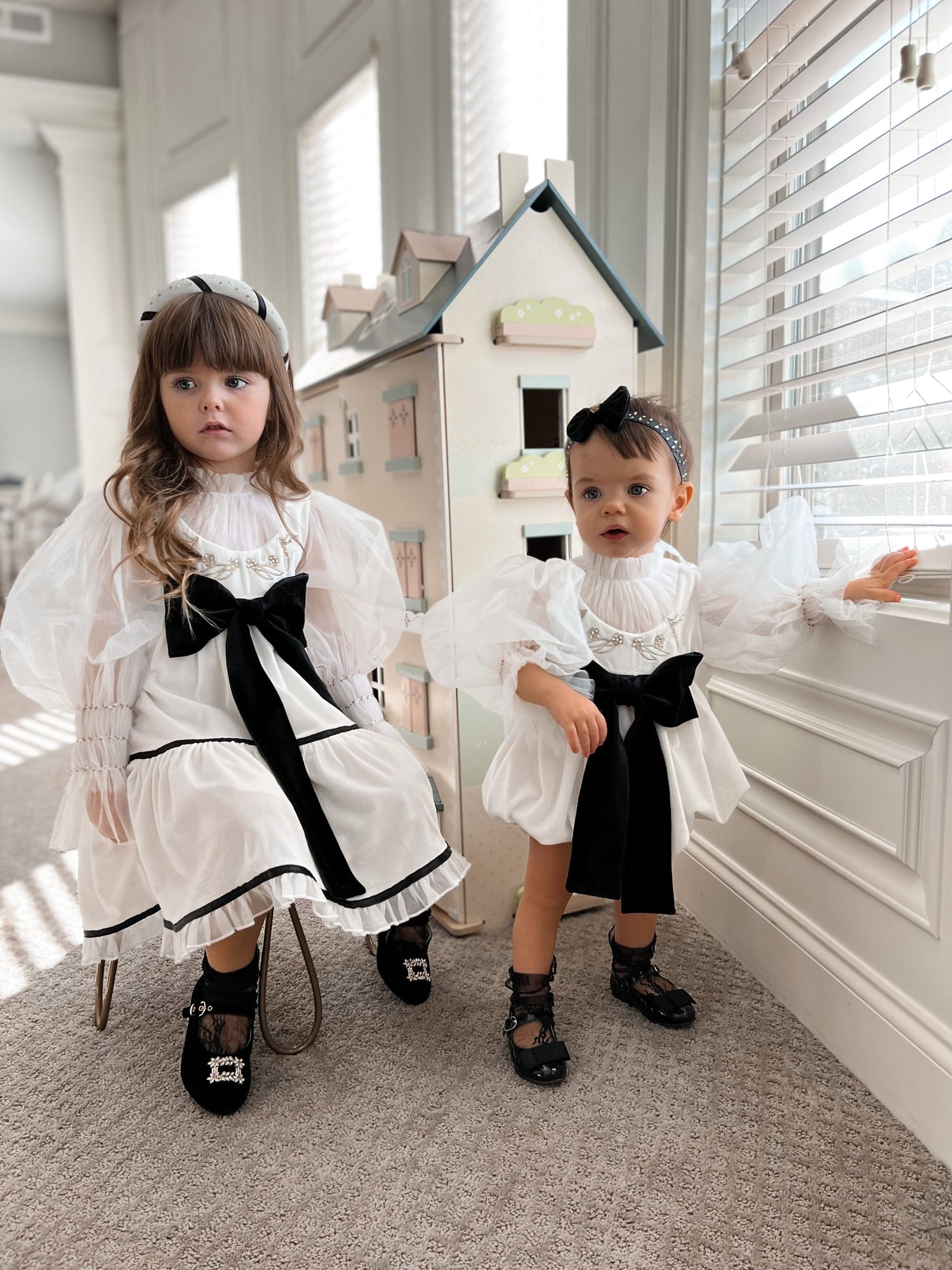 Baby Girls | Aurora Velour Dress with Tulle Puff Sleeves | Ivory