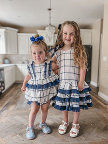 Baby Girls | Checkered Linen Tulle Dress | White x Blue