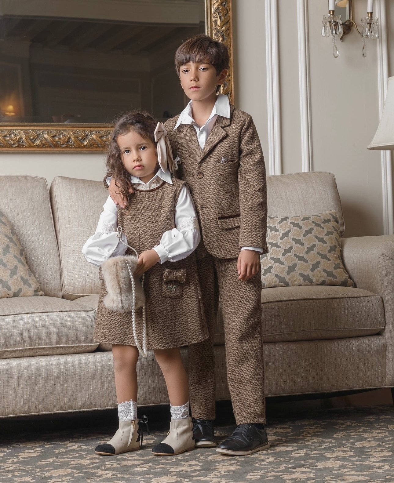 Baby Girls | Herringbone Dress and Blouse Set | Brown