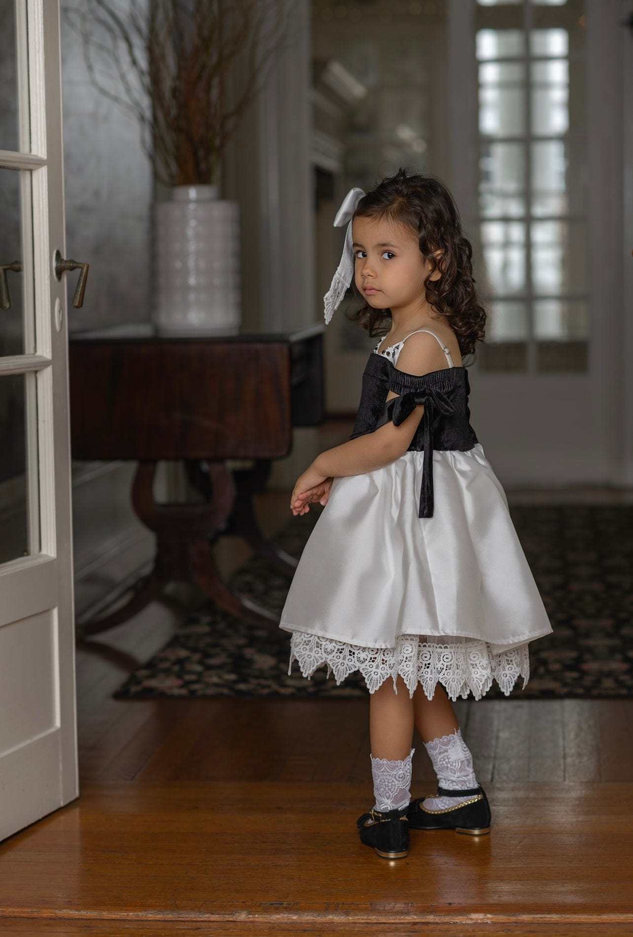 Audrey Black Velour Top and White Sateen Dress | Black