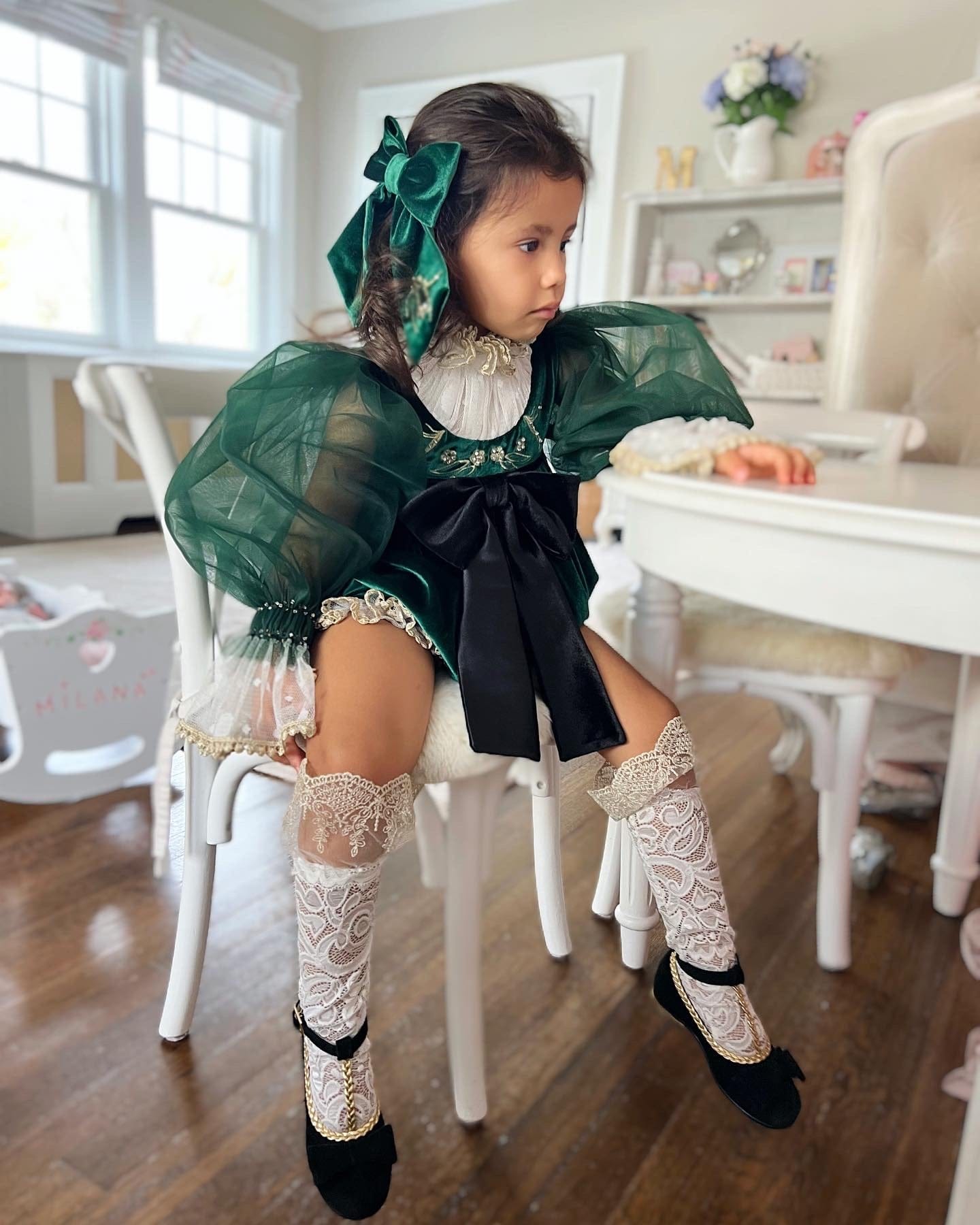 Aurora Royal Green Velour Romper - Petite Maison Kids