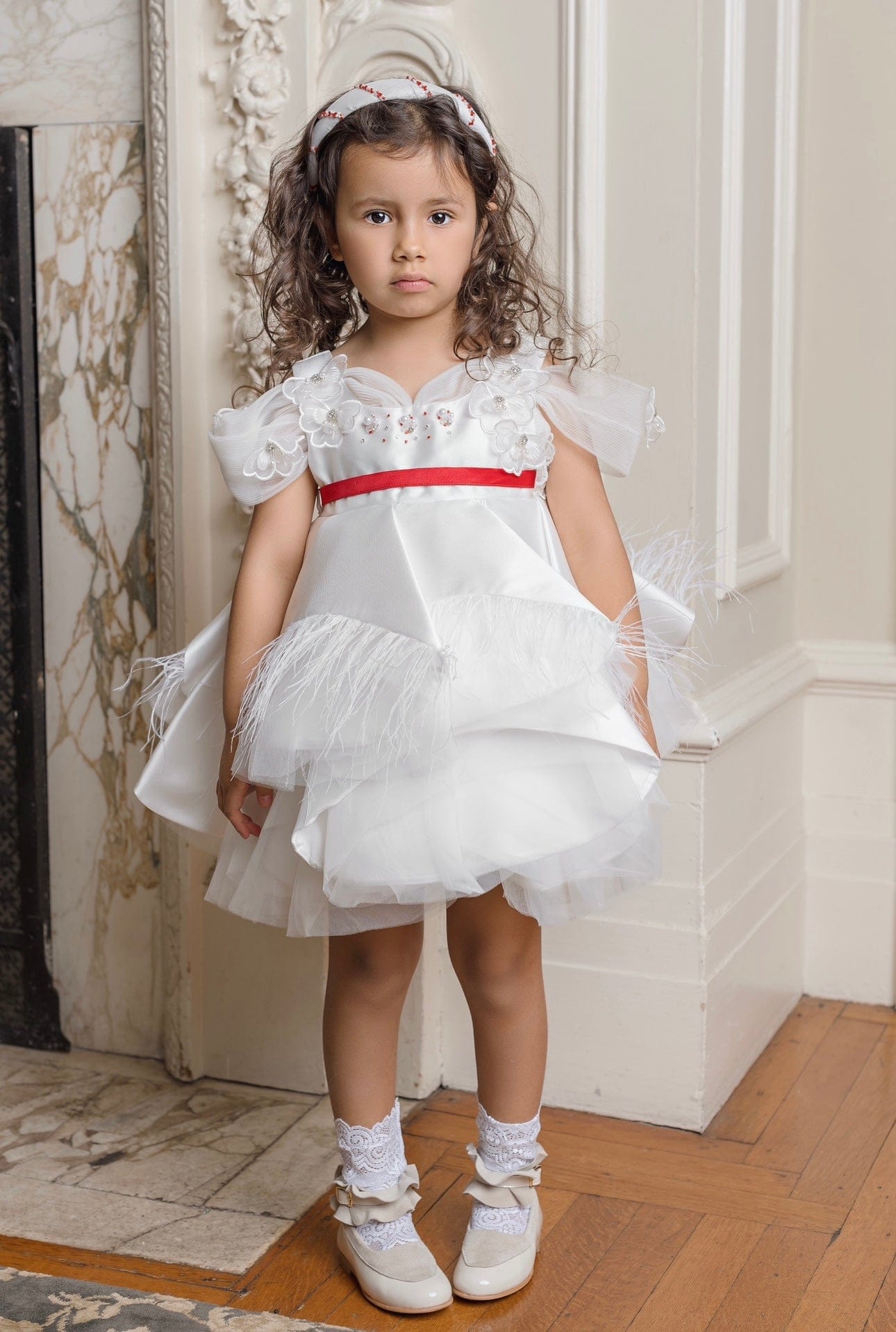Girl | Constanza Ceremony Dress with Bow | White x Red