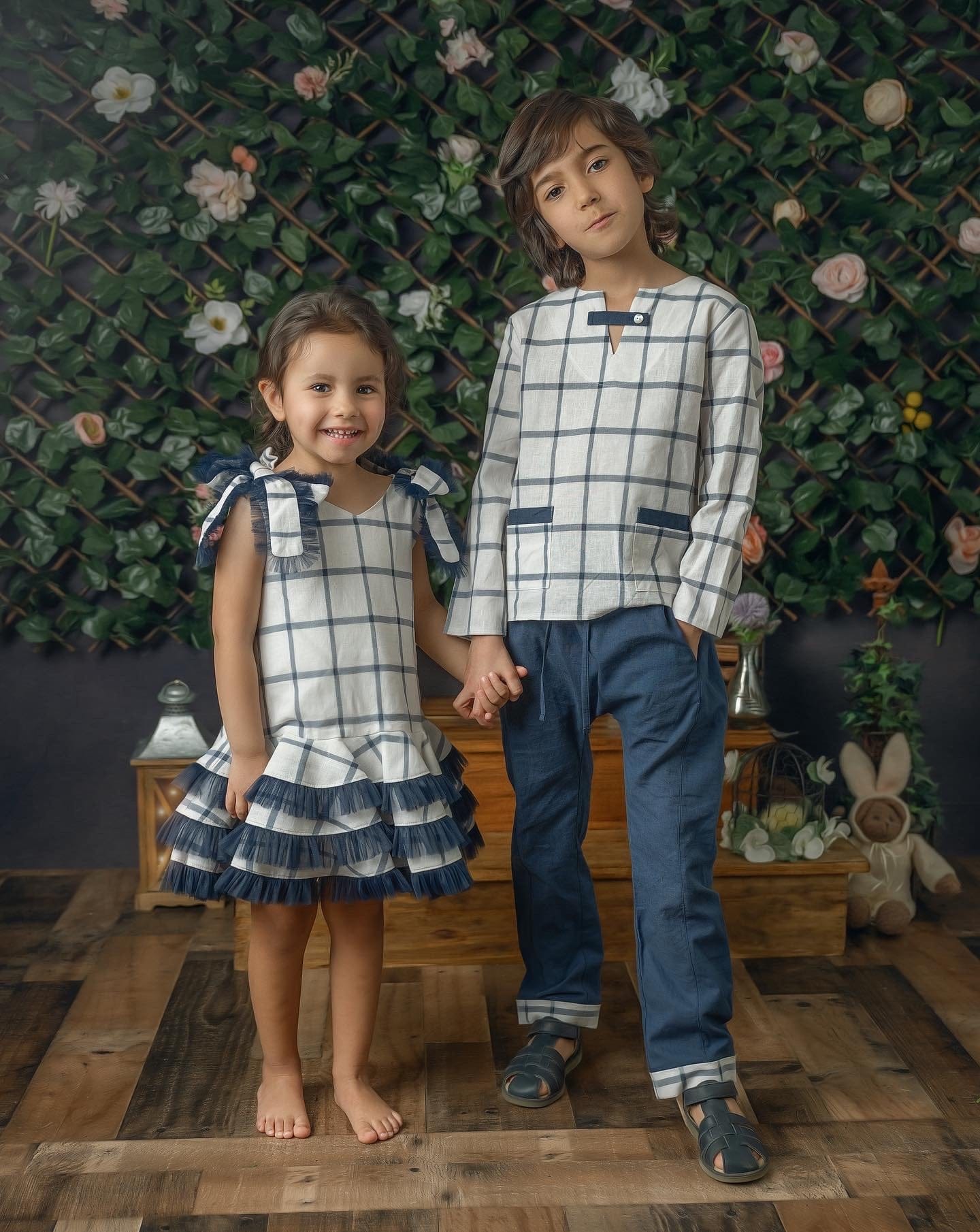 Baby Boys | Checkered Linen Top and Pants Set | White x Blue