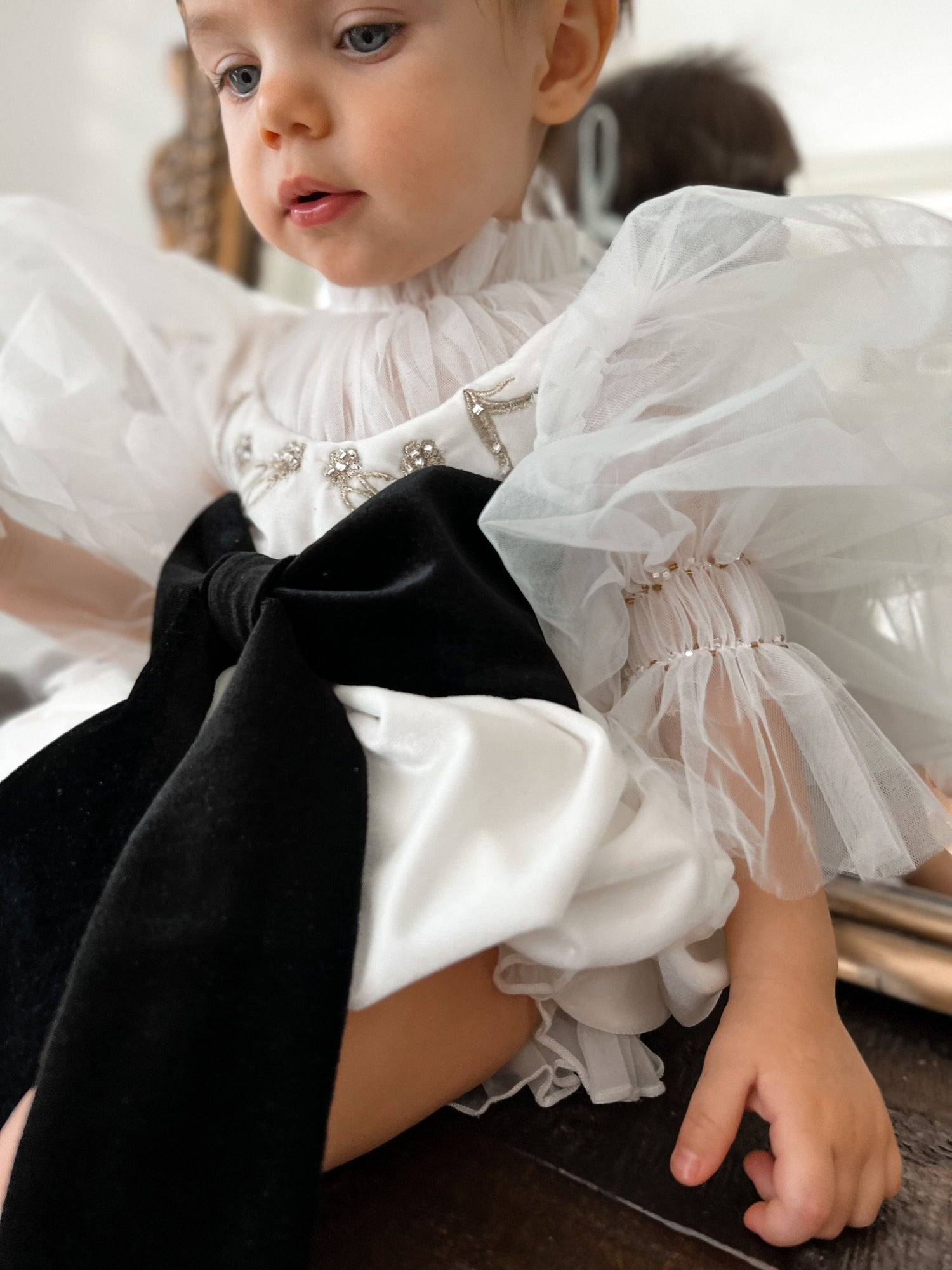 Aurora Ivory Velour Romper with Tulle Puff Sleeves | Ivory