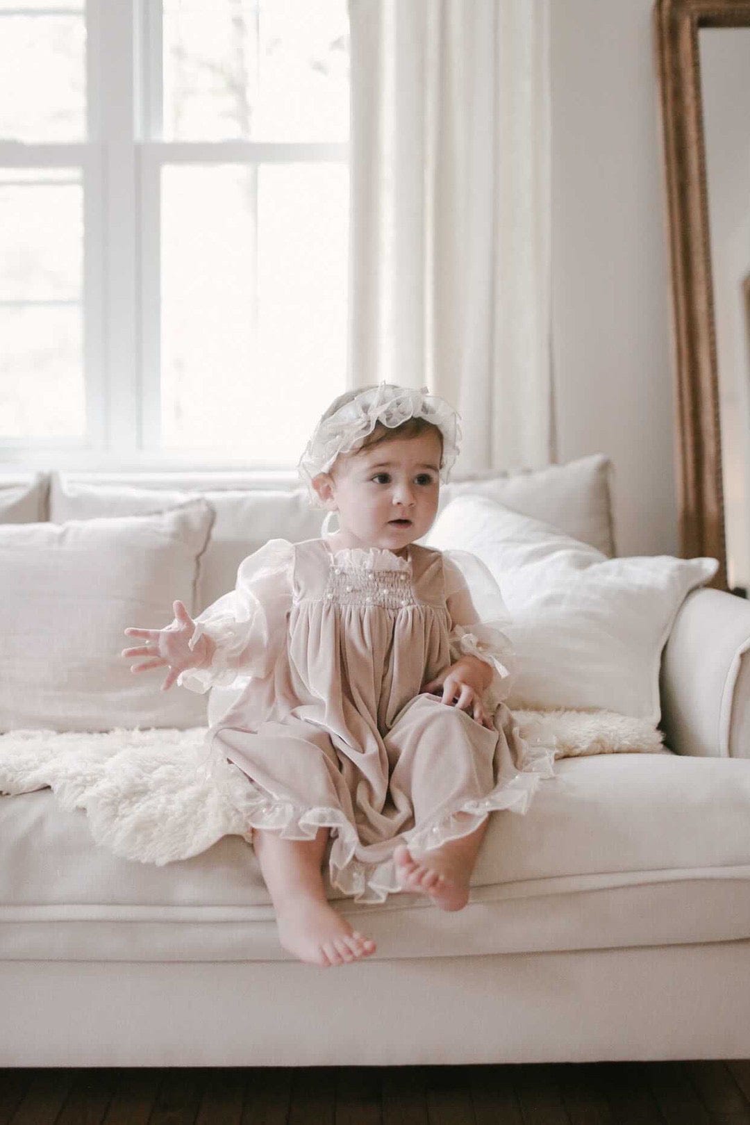 Baby Girls | Helena Velour Dress With Organza Sleeves | Beige