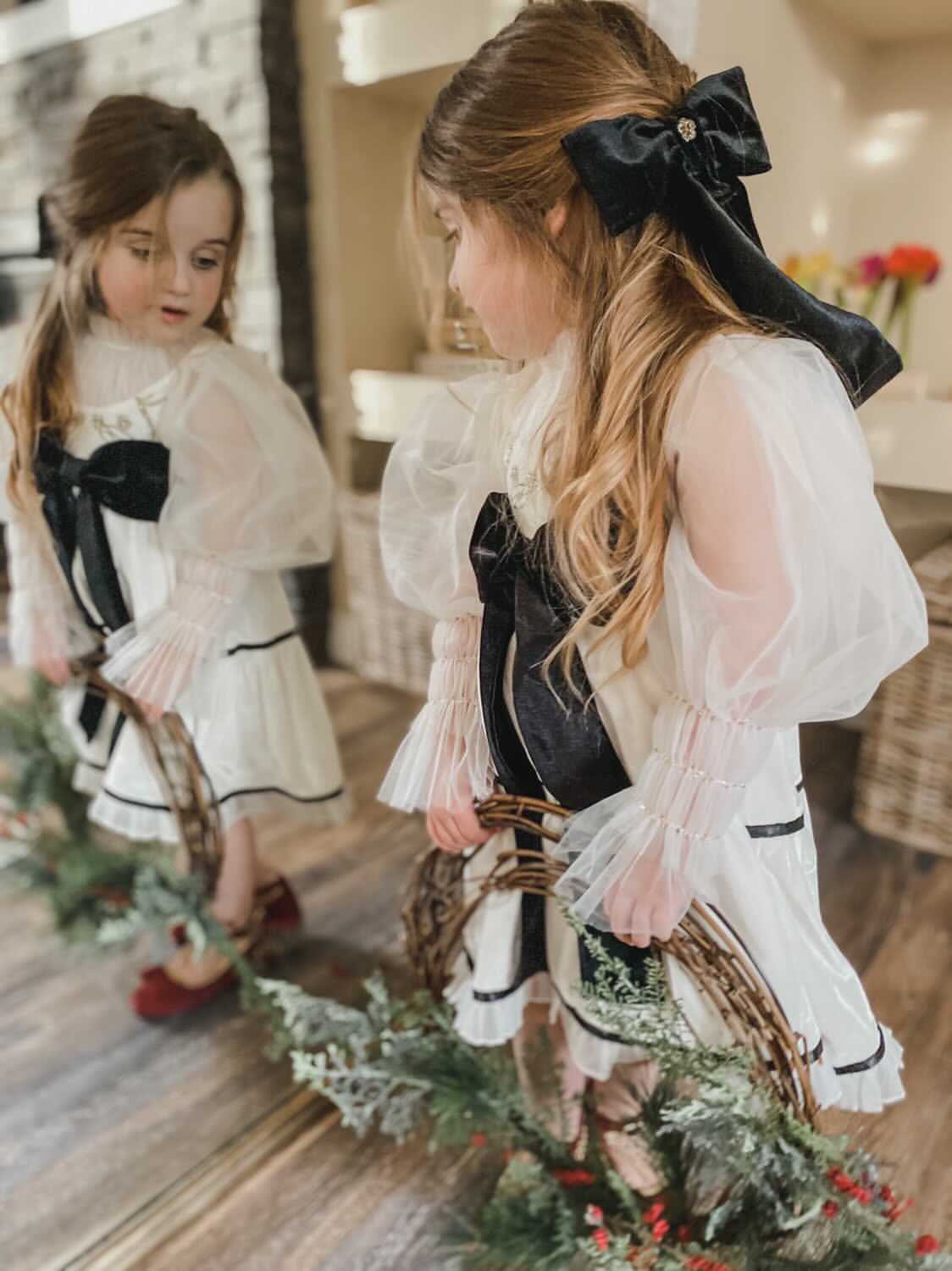 Baby Girls | Aurora Velour Dress with Tulle Puff Sleeves | Ivory