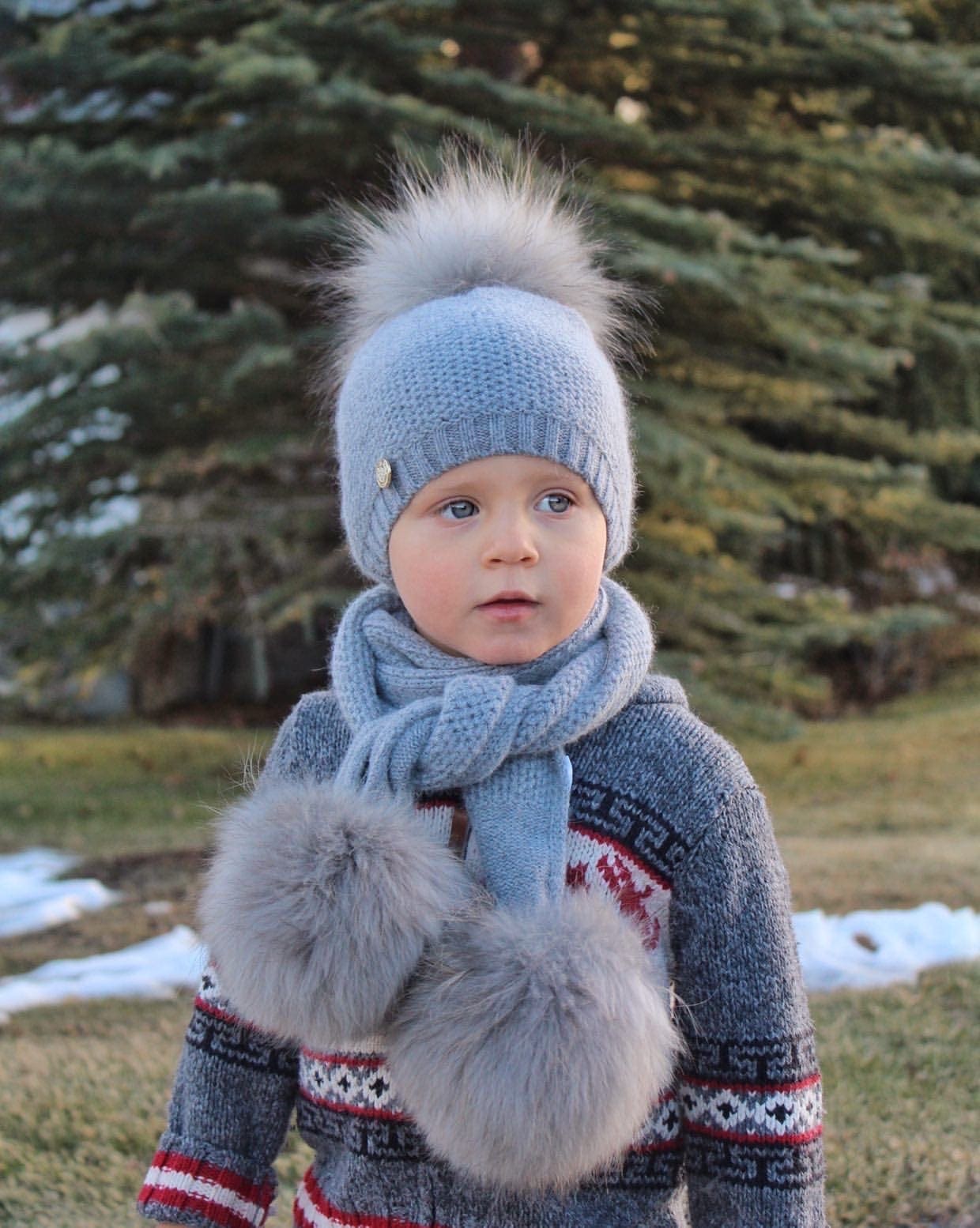 Baby Boys | Honeycomb Cashmere Beanie Hats Pom | Grey