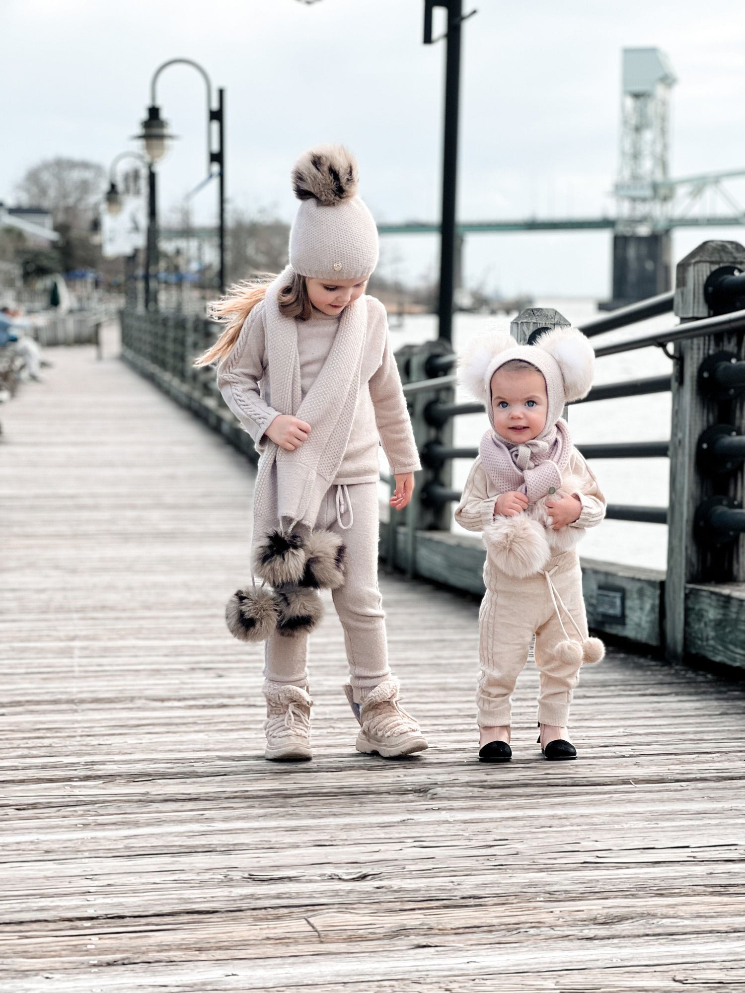 Honeycomb Beige Cashmere Beanie with Animal Print Poms - Petite Maison Kids