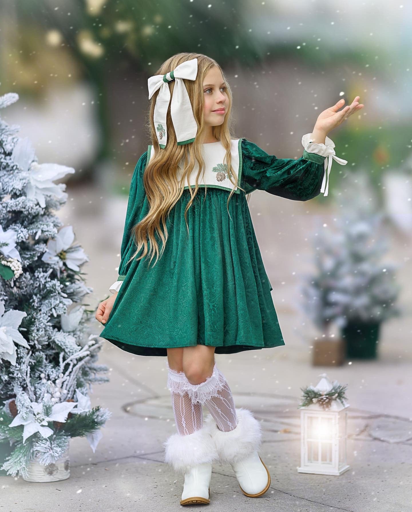 Baby Girls | Everly Damask Velour Dress | Green