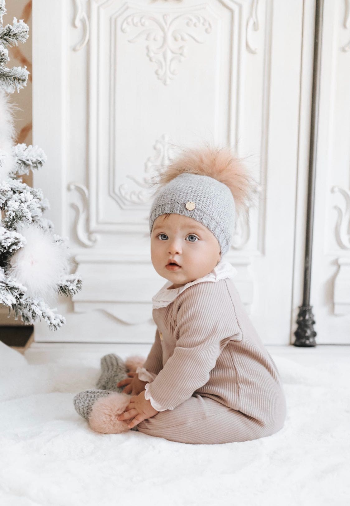 Baby Girls | Honeycomb Cashmere Beanie Hats Pom | Grey & Pink