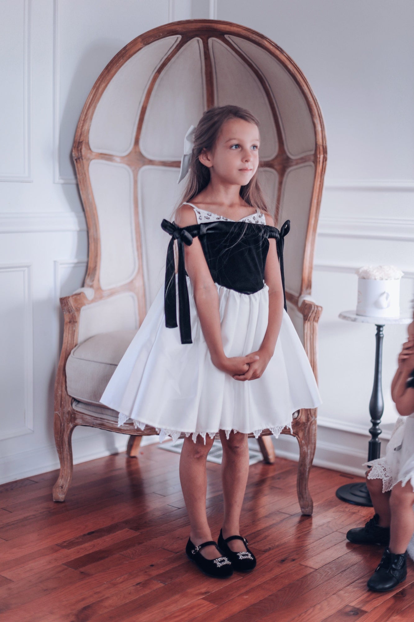 Audrey Black Velour Top and White Sateen Dress | Black