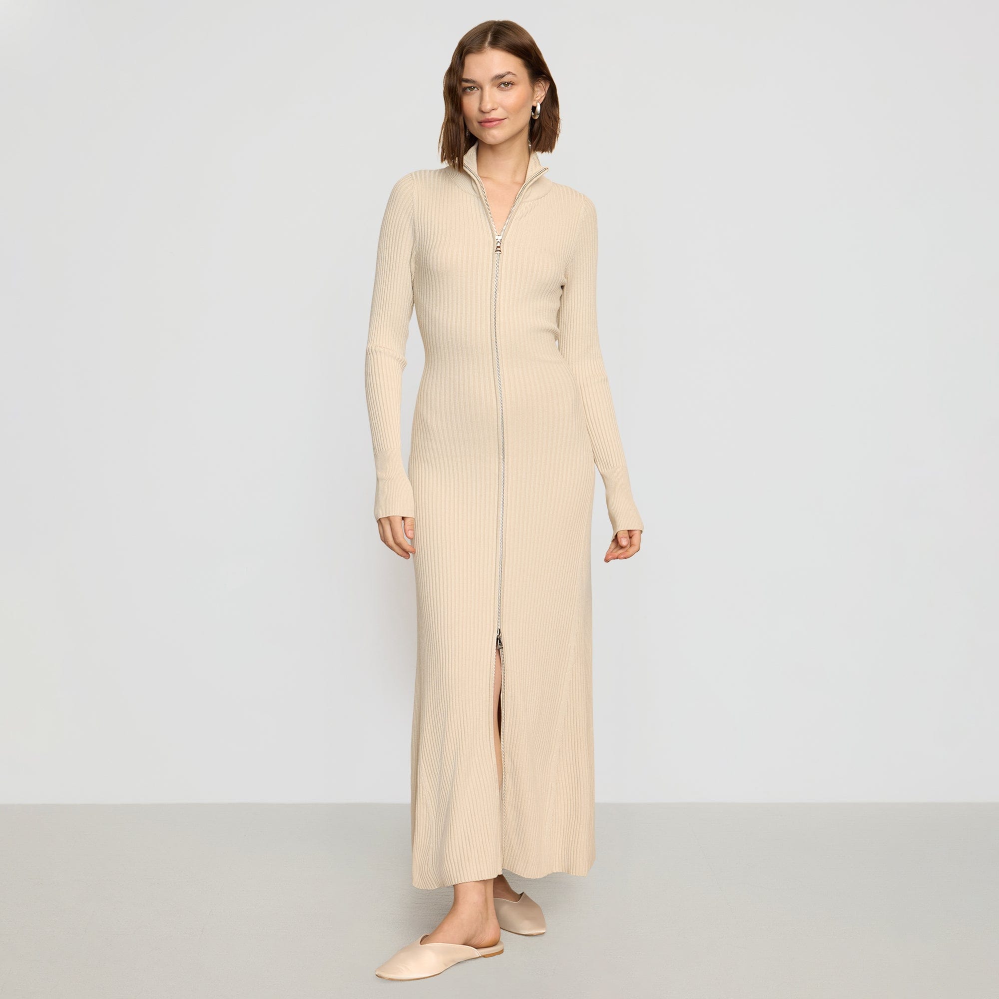 Janne Ribbed Two-Way Zip Sweater Dress | Light Latte