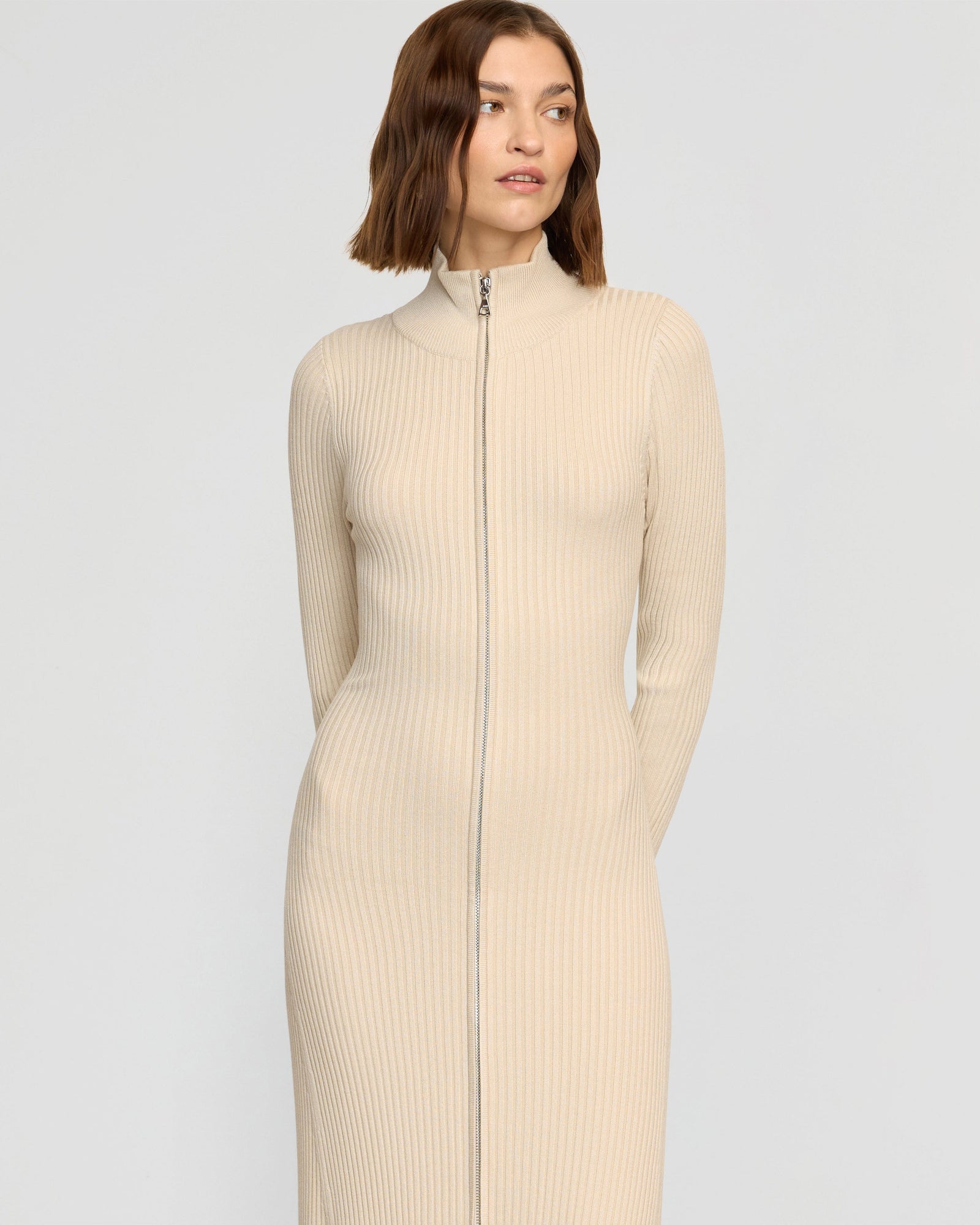 Janne Ribbed Two-Way Zip Sweater Dress | Light Latte