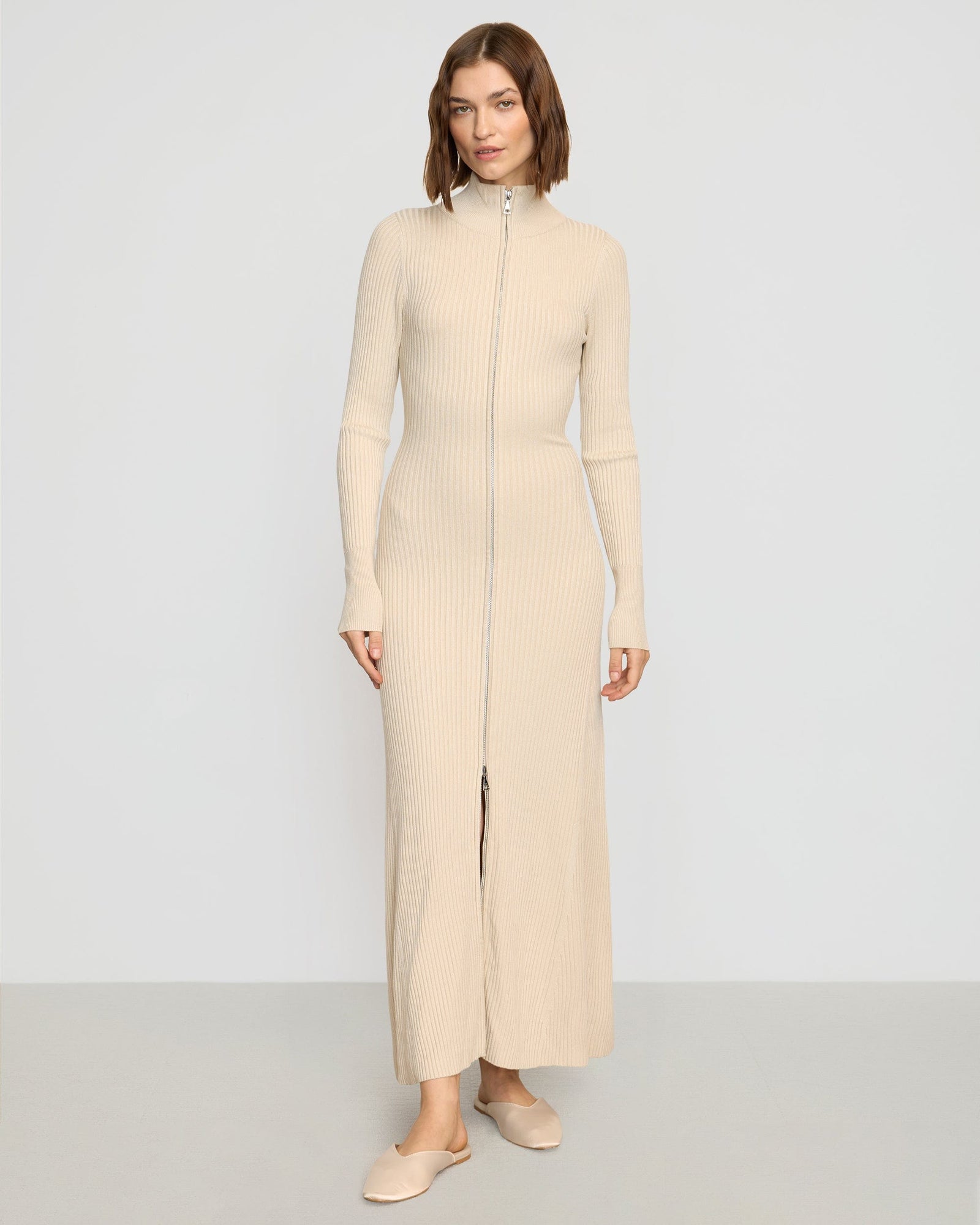Janne Ribbed Two-Way Zip Sweater Dress | Light Latte
