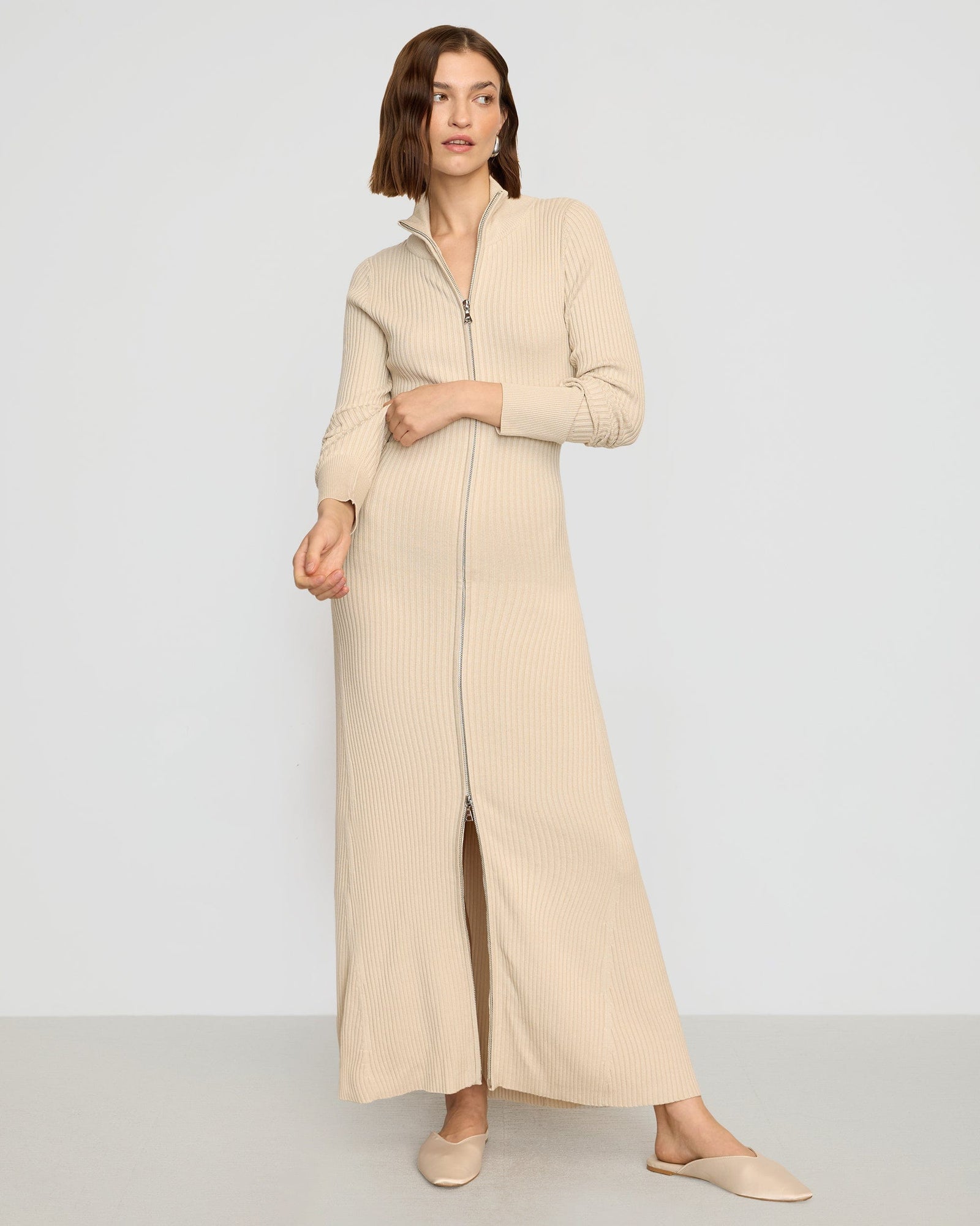 Janne Ribbed Two-Way Zip Sweater Dress | Light Latte