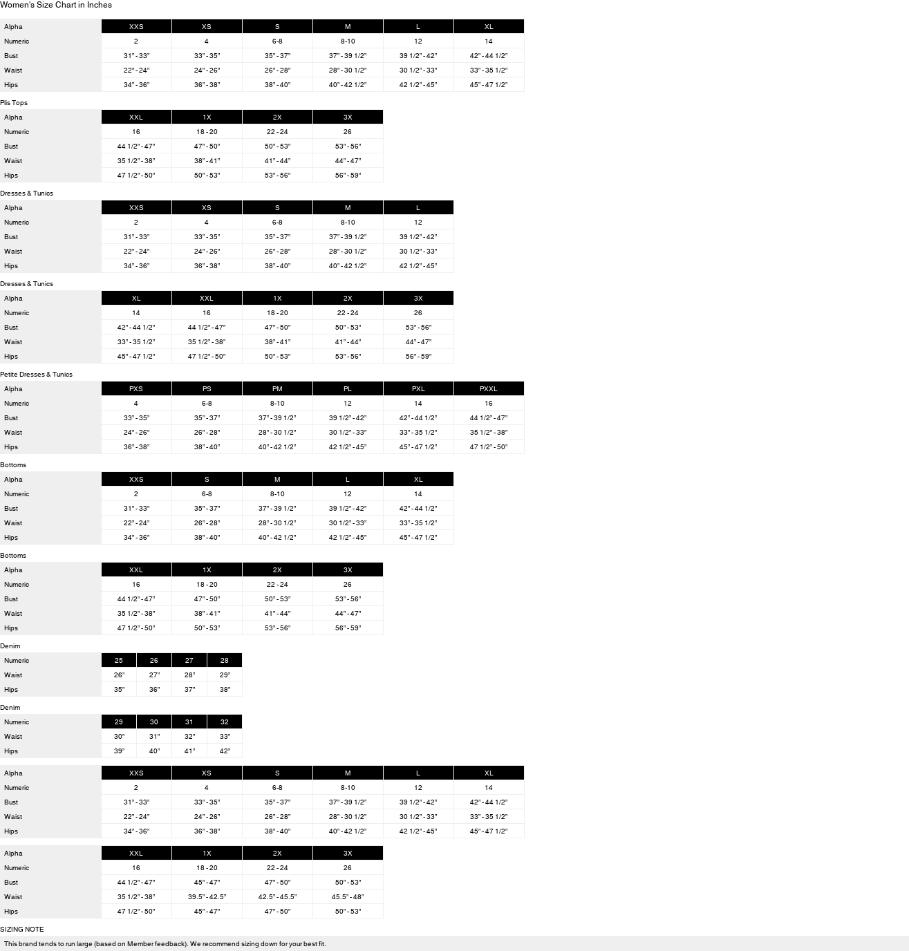 Product size guide